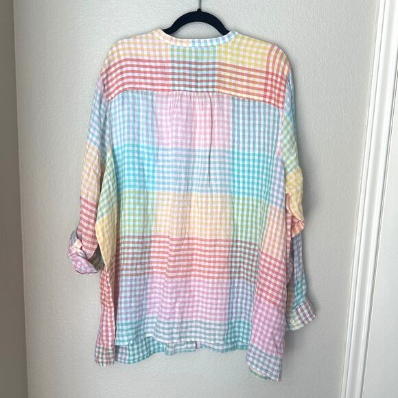 Lands' End rainbow plaid linen convertible sleeve button up shirt, size 3X - Picture 2 of 7